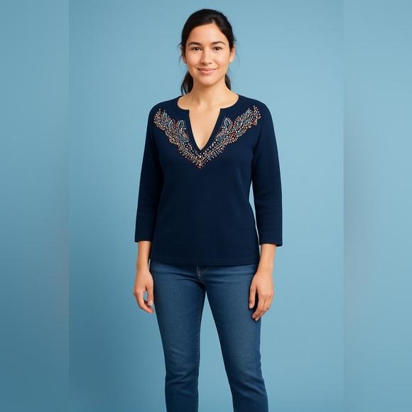 Anthropologie Moth Women’s Jeweled Beaded V-Neck Navy Sweater Size Small - Picture 2 of 12